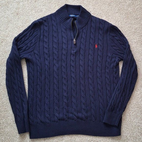 Navy cable-knit jumper — before