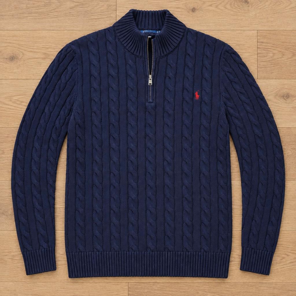 Navy cable-knit jumper — after
